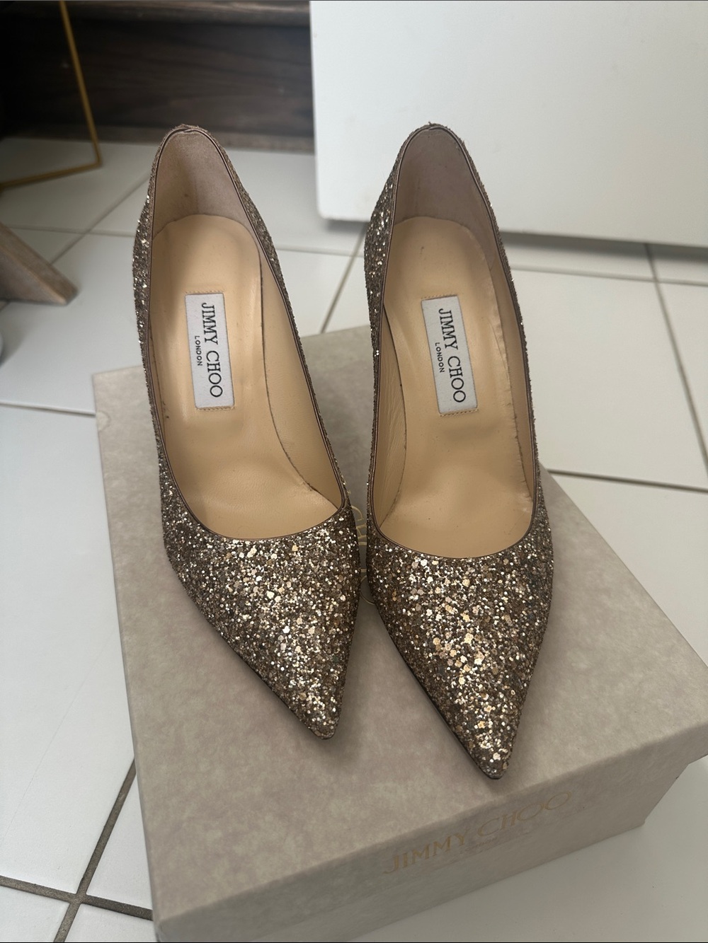 Jimmy Choo Gold Glitter Pointed Pumps